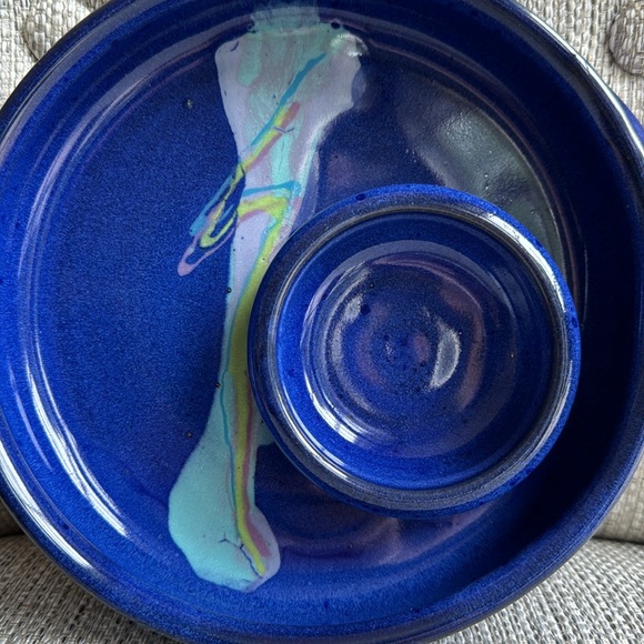 Studio Pottery Handmade Candle Holder Artist Signed Colbalt Blue w/ Pastel Swirl - Picture 7 of 9